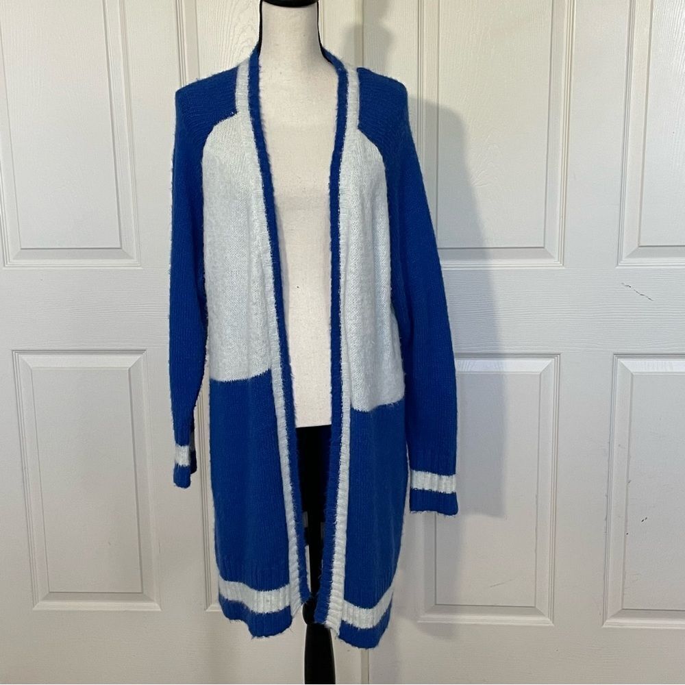 Misguided Open Front Blue and Off-white  Colorblock Duster Cardigan, US 12